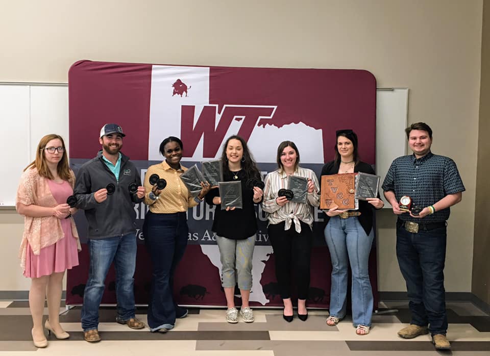 TVCC Ag Club wins big at the TJCAA Convention hosted by WTAMU, Left to right: Sabrina Attaway, Rusty Condry, Bree Darby-Vice-Pres., Maddie Eskue-President, Chole Dixon, Courtni Skiles, Quinten Cherry
