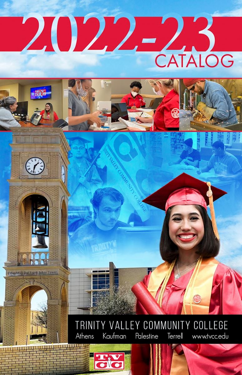 College graduate standing next to TVCC clock tower. Title:  2022-23 Catalog                                                                 