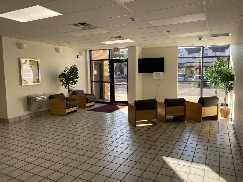 Dormitory lobby with seating