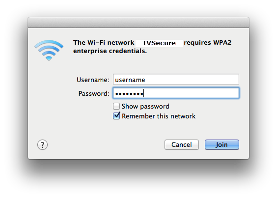 Screen shot of MacOS WiFi authentication window