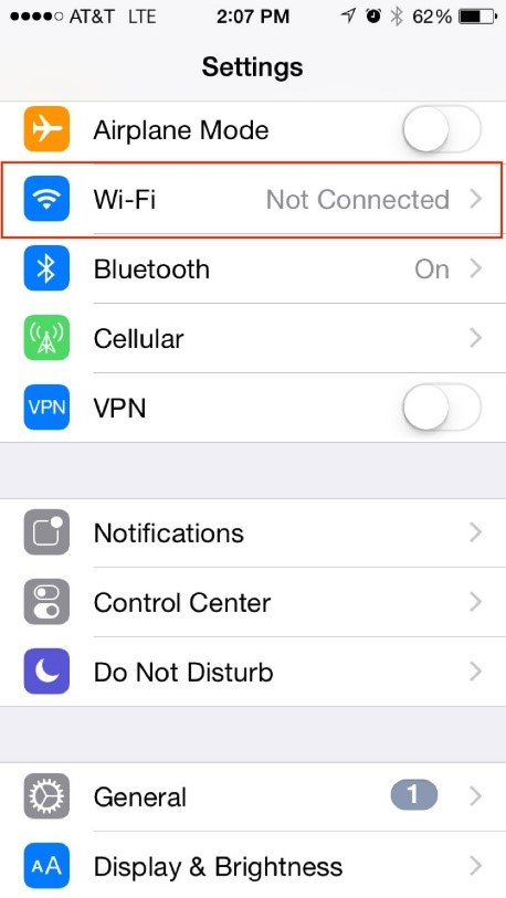 Screen shot of Apple iPhone settings screen
