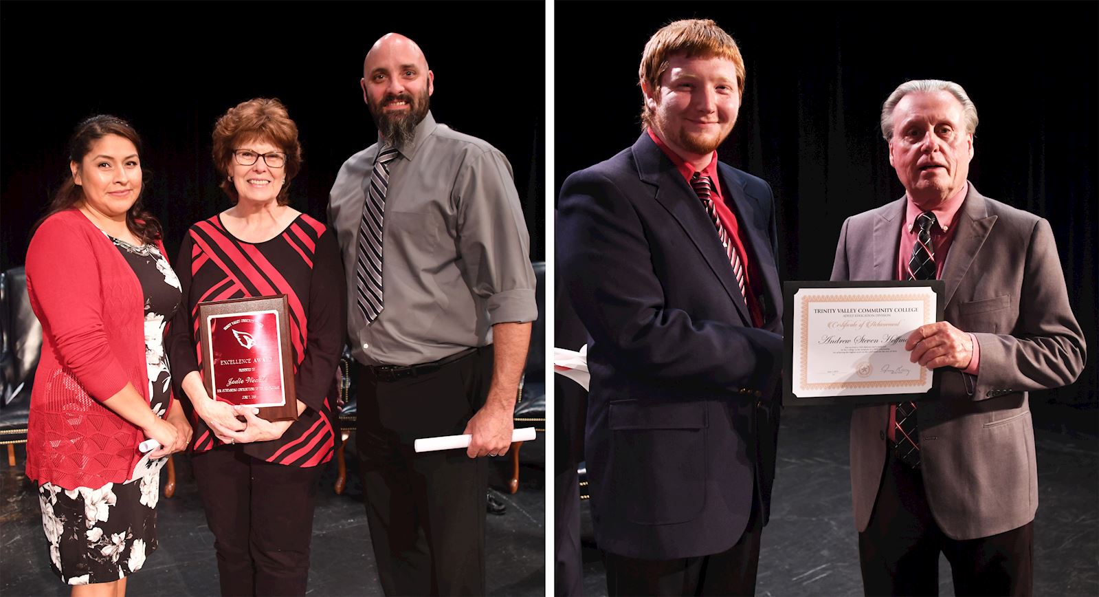 L-R: TVCC GED Instructor and Excellence Award winner Jodie Weddle with Success Story students Juana Martinez and John Hodges Andrew Hoffman receives the Presidential Scholarship from  Dr. Jerry King.