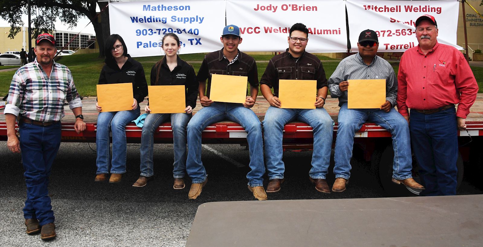 TVCC Palestine Welding Instructor Keith Patton scholarship winners Danielle Sandefer and Makenzie Winner of Fairfield Nico Charrez and Miguel Aguilar of Kerens Jesus Martinez of Palestine and TVCC Athens Welding Instructor Tom Sheram. Not pictured: Jordan Lee of Kerens.