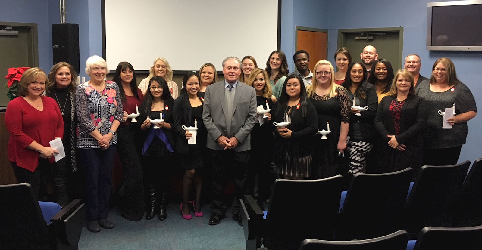 2017 LVN graduates are pictured with TVCC Vice President of Instruction Dr. Wendy Elmore, Health Science Center Provost Dr. Helen Reid (second and third from left) and President Dr. Jerry King (center).