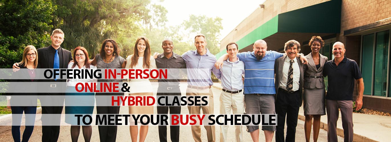 Offering in-person, online and hybrid classes to meet your busy schedule. Twelve smiling adults of various races and genders standing arm-in-arm.