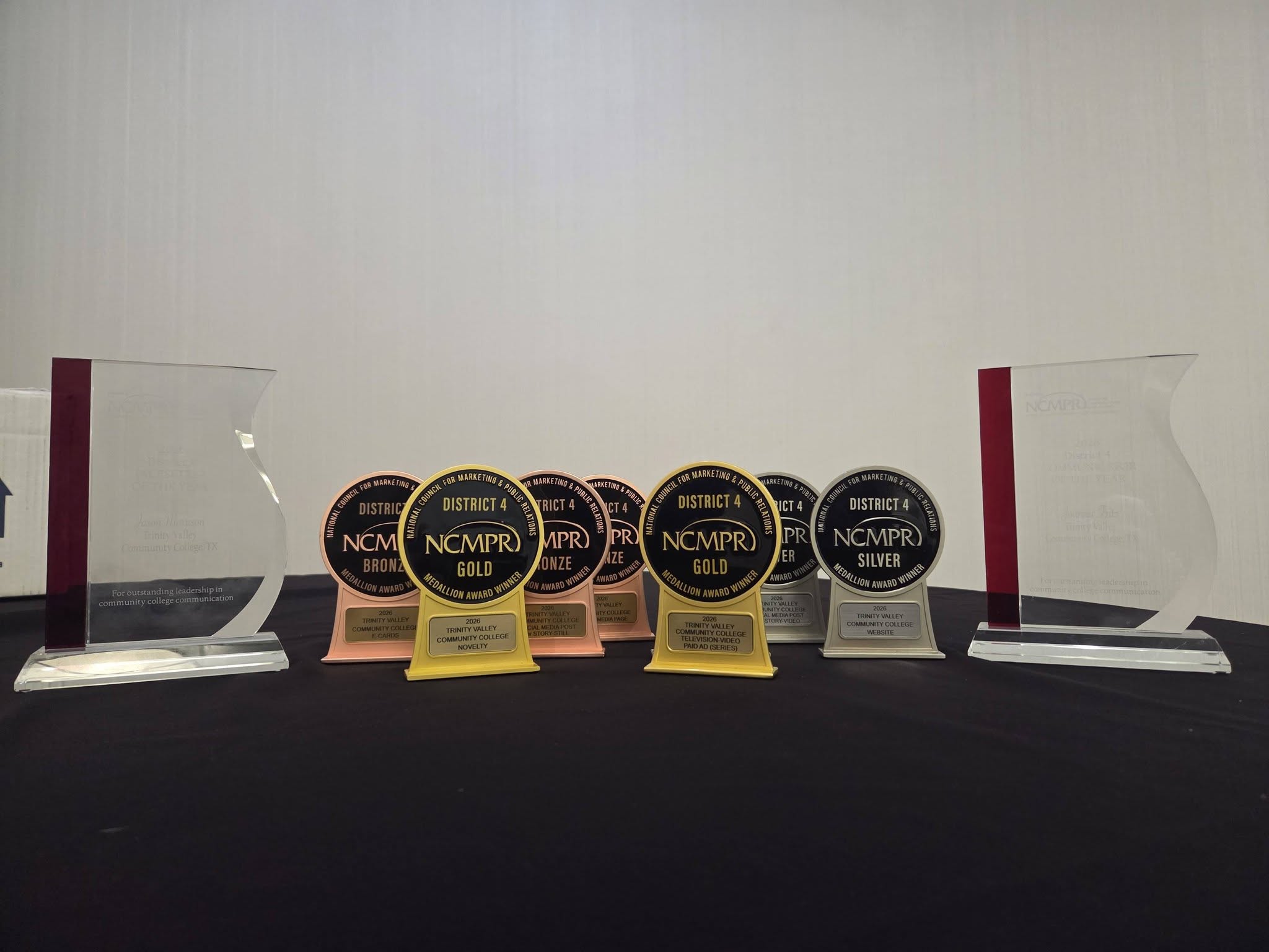 Medallion awards on display.