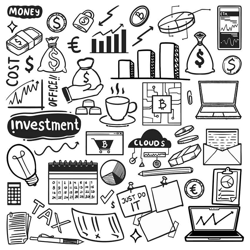 hand-drawn accounting graphics and symbols