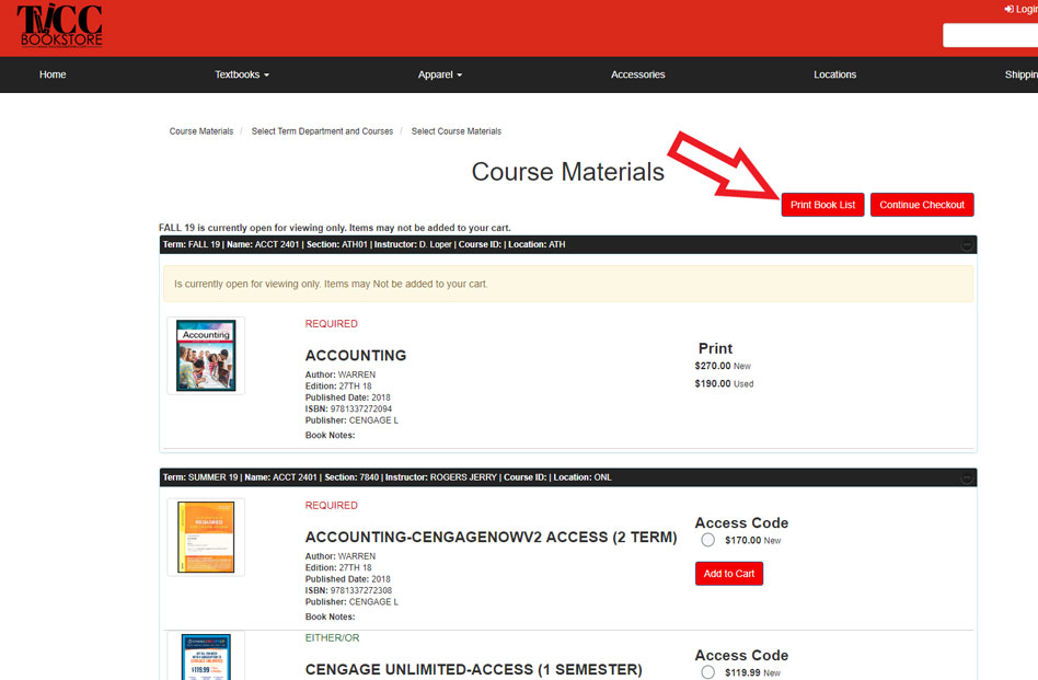 Step 1 of getting your textbook list off of the tvcc bookstore webpage
