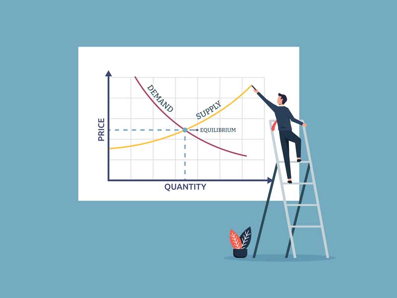 cartoon graphic of person drawing a graph of supply and demand