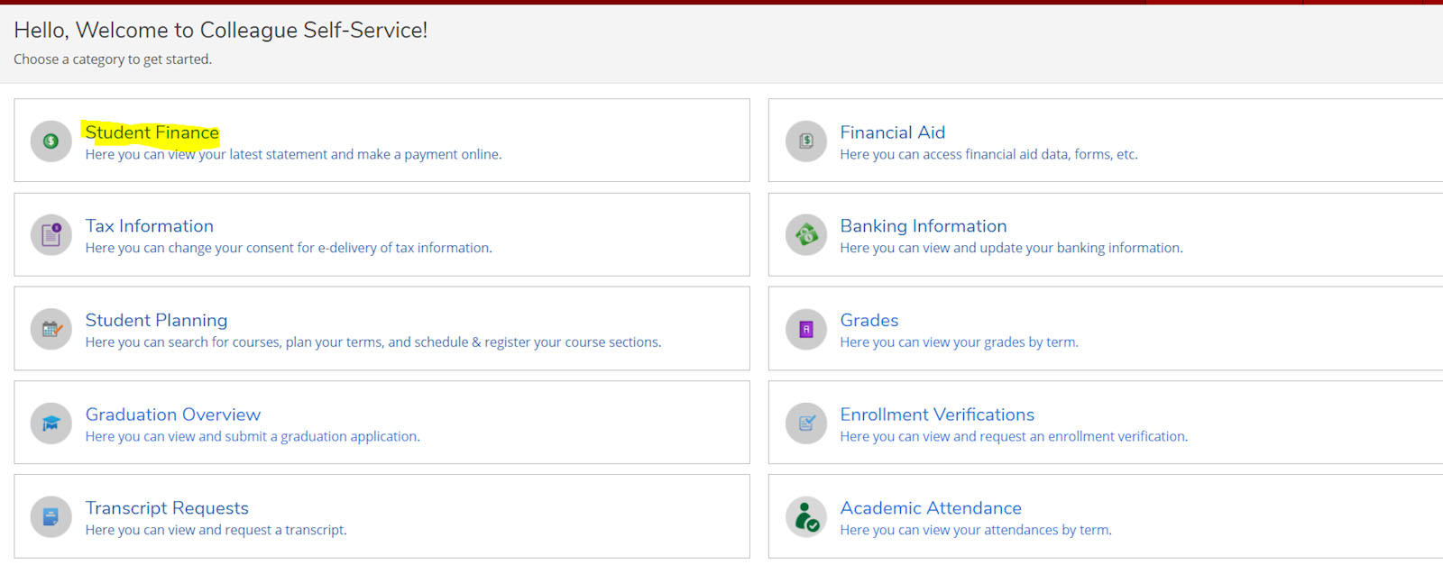 Homescreen of Student Portal