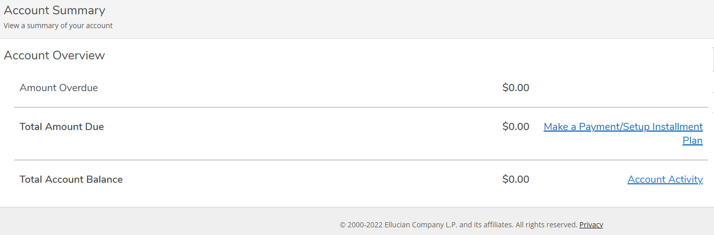 Account Summary in Student Portal