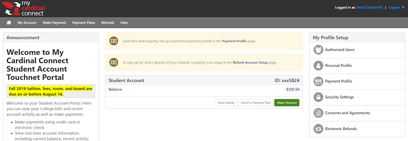 Secure Payment Center webpage