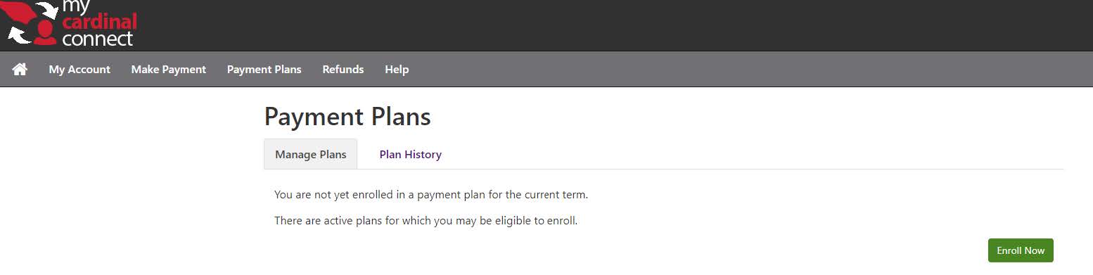 Payment Plans webpage with Enroll Now button
