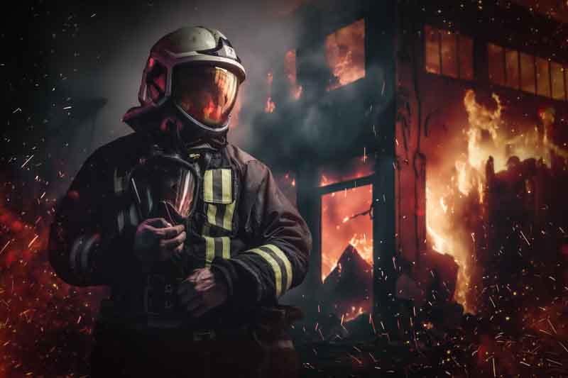 Fireman in full gear standing outside a burning building