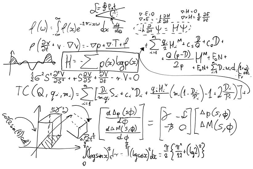 math problems scattered across a whiteboard