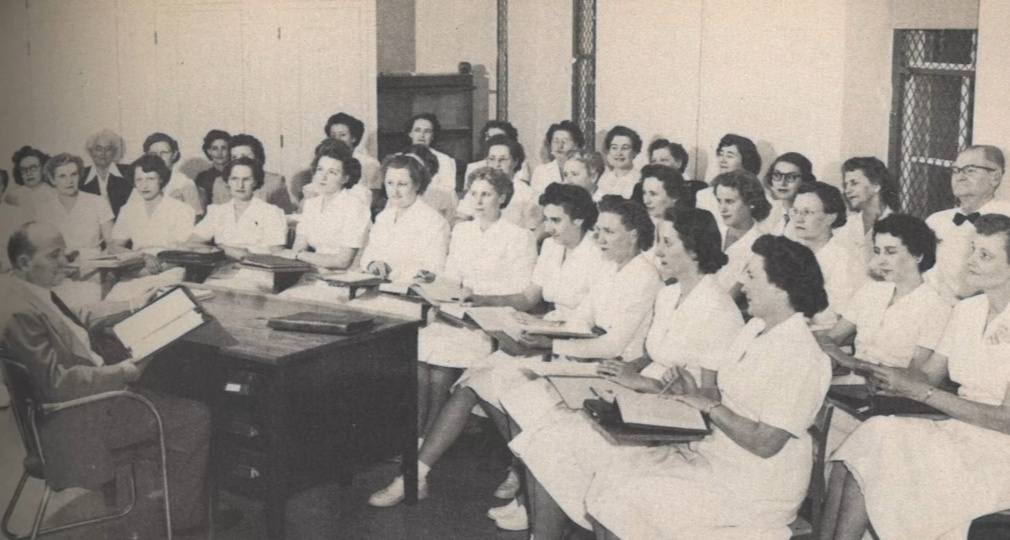 Black and white photo of a TVCC class of women in nursing school