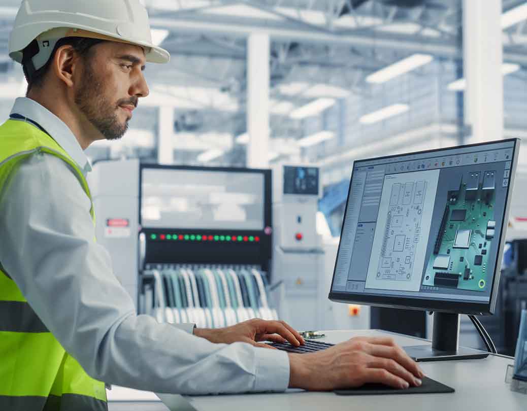Male worker wearing a hard hat interacting with a computer to program a circuit board