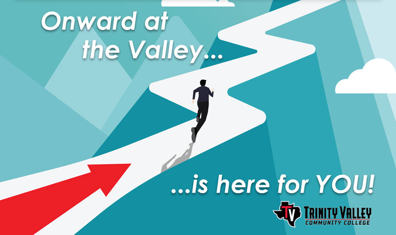 an illustration of a person running up a trail on the side of a mountain with text that says Onward at the Valley is here for you