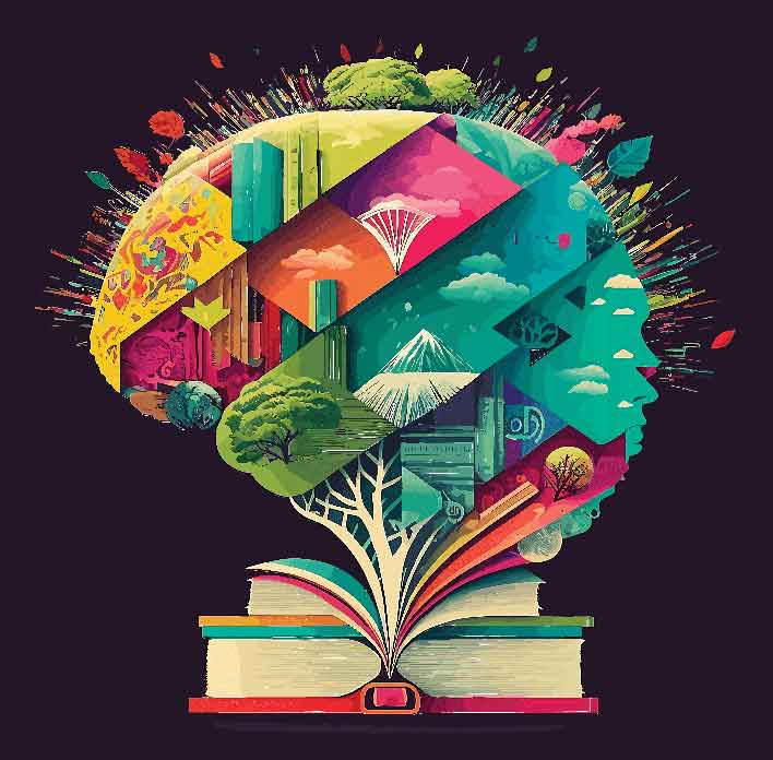 Colorful and stylistic tree growing out of a book