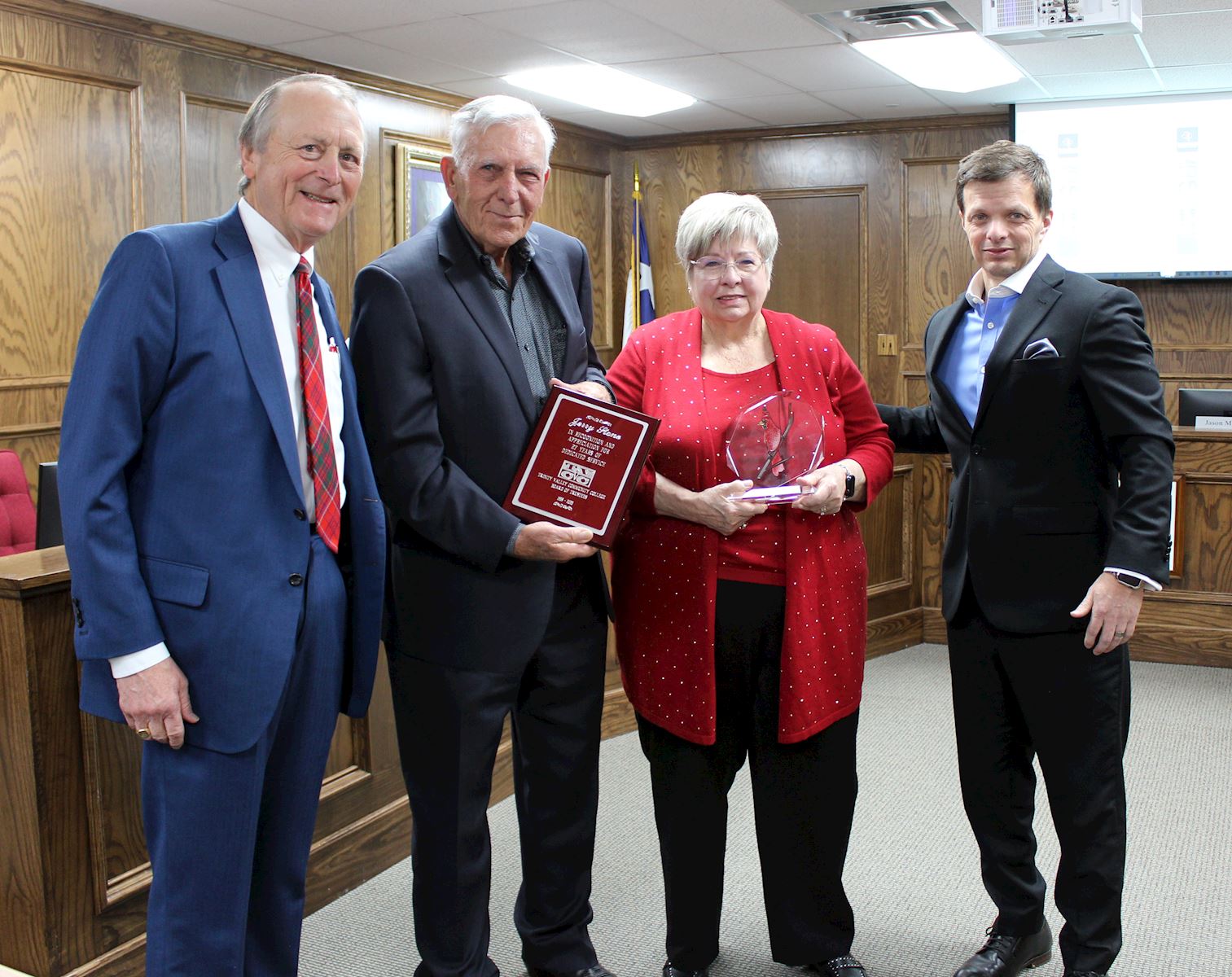 TVCC Board of Trustees President Steve Grant, Jerry Stone, Barbara Stone, and TVCC President Dr. Jason Morrison.                            